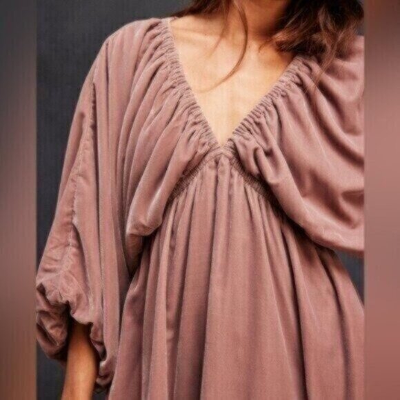 New Free People Boho Velvet Neutral Mini Dress Feminine Puff Sleeve V Neck - Picture 2 of 9
